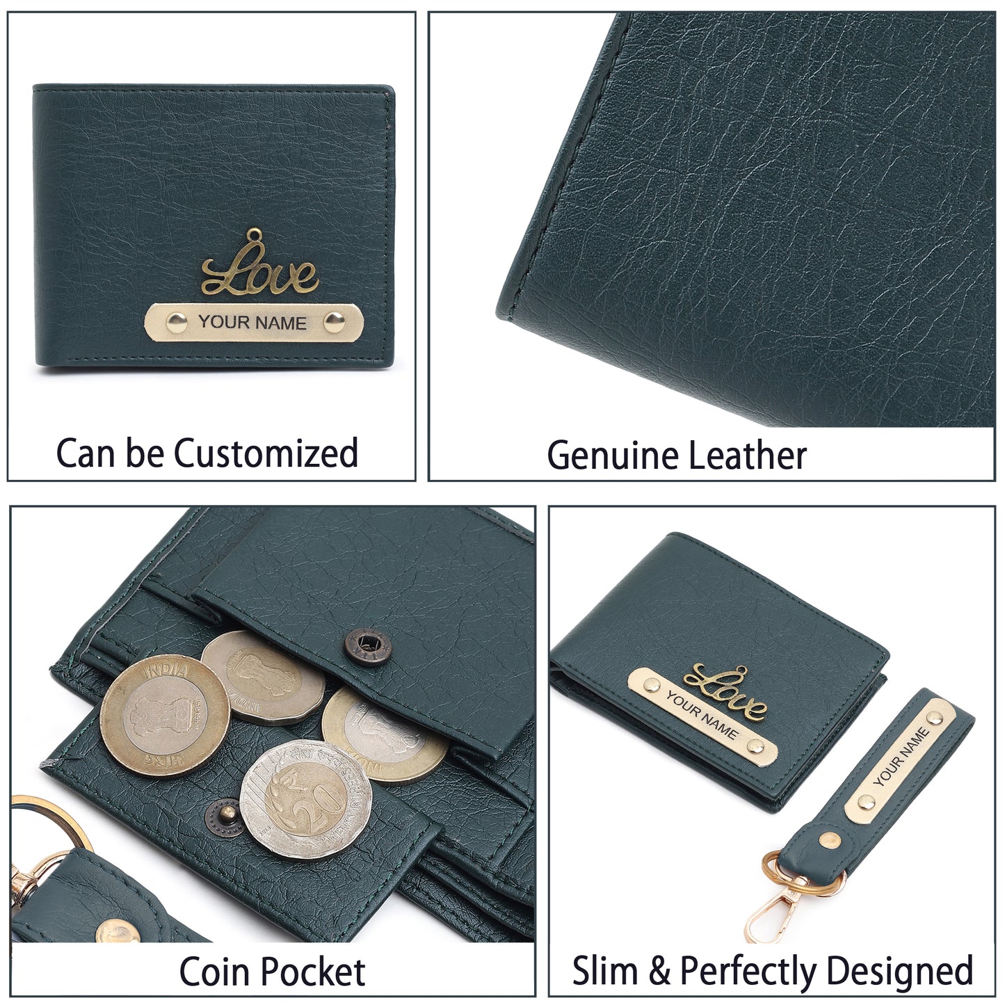 Combo Personalised Leather wallet Gift for Dad, Custom Engraved Slim Bifold Wallet for Father's Day Present with Customised Keychian