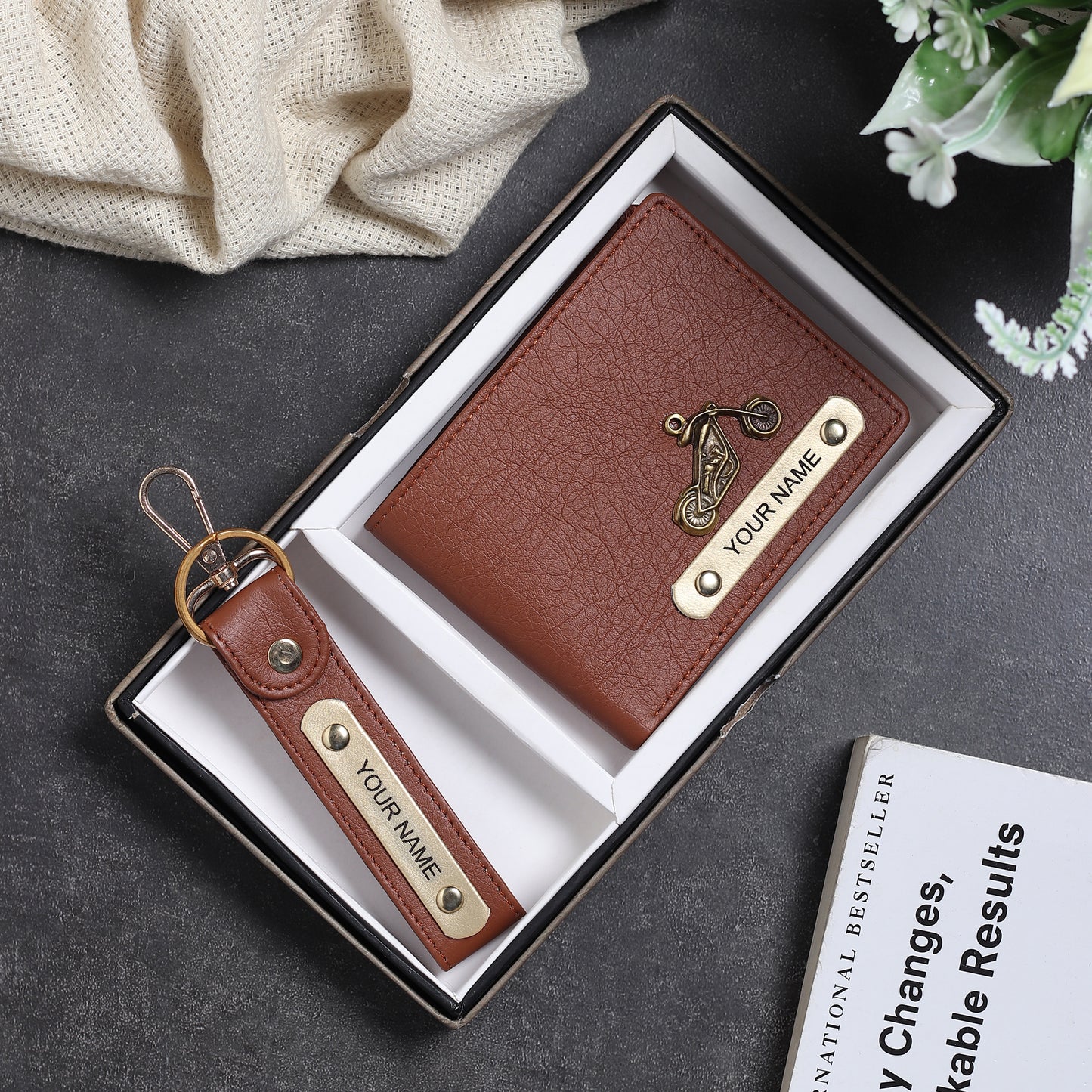 Combo Personalised Leather Wallet for Boyfriend, Handcrafted Engraved Billfold, Unique Anniversary Gift for Him with Personalised Keychain