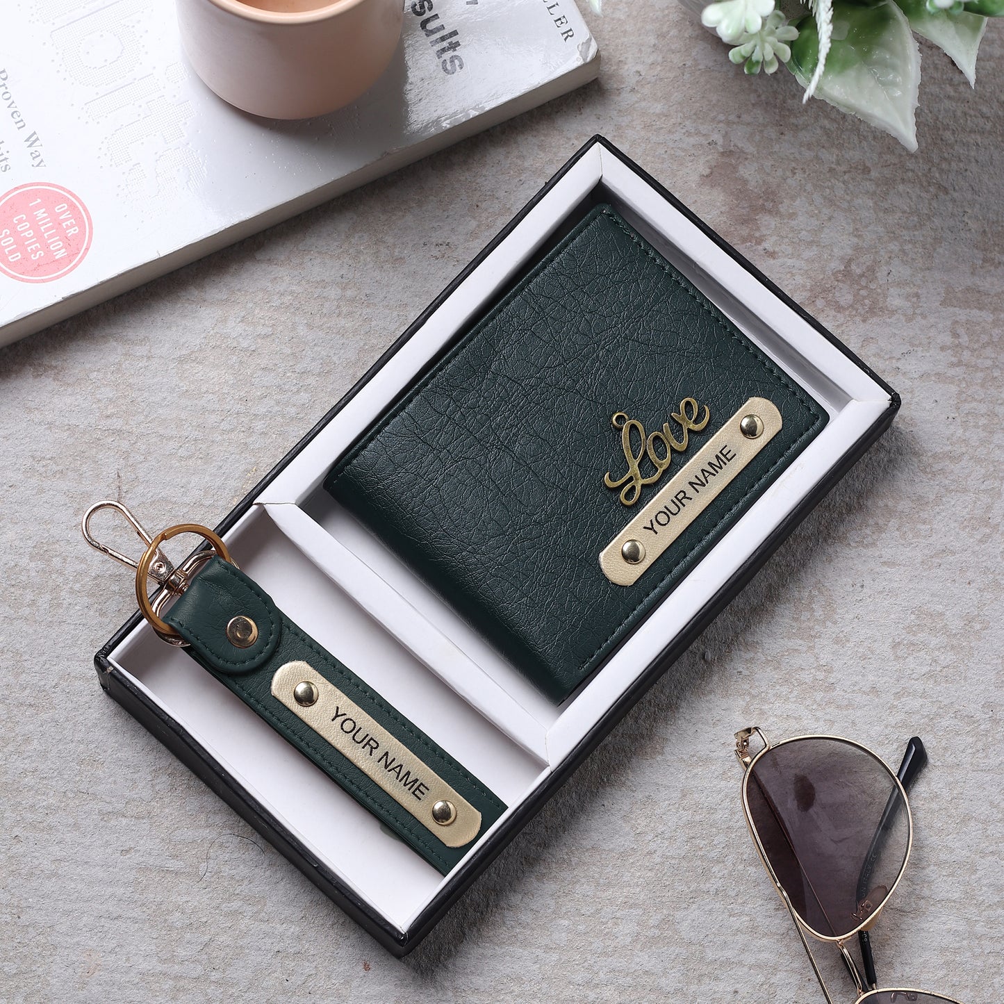 Combo Personalised Leather wallet Gift for Dad, Custom Engraved Slim Bifold Wallet for Father's Day Present with Customised Keychian